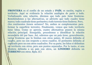 FRONTERA es el confín de un estado y PAÍS, es nación, región o
territorio. Aquí se evidencia la relación analógica de parte a todo.
Verbalizando esta relación, diremos que todo país tiene fronteras.
Remitiéndonos a las alternativas, se advierte que todo cuadro tiene
marco; todo cuadrado tiene perímetro y todo terreno tiene linderos. Pero,
¿los continentes tienen océanos? No, ambos se complementan para
formar la superficie terrestre. Finalmente, vemos que todo territorio
tiene hitos. Como se aprecia, cuatro alternativas poseen la misma
relación principal. Enseguida, procedemos a identificar la relación
secundaria del par base. Así, sabemos que un país tiene, generalmente,
varias fronteras que lo limitan con otros países. El marco delimita al
cuadro, pero no con respecto a otros cuadros. El perímetro delimita al
cuadrado pero no con otros cuadrados. Por su parte, los hitos si delimitan
un territorio con otros, pero son puntos separados. Por lo tanto, si una
frontera delimita a un país con otros, un LINDERO delimita un
TERRENO con otros. Rpta. (C)
 