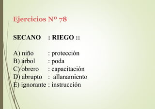 Ejercicios Nº 78
SECANO : RIEGO ::
A) niño
B) árbol
C) obrero
D) abrupto
: protección
: poda
: capacitación
: allanamiento
E) ignorante : instrucción
 