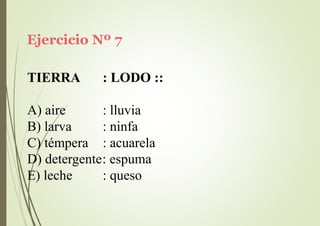 Ejercicio Nº 7
TIERRA : LODO ::
A) aire
B) larva
C) témpera
: lluvia
: ninfa
: acuarela
D) detergente: espuma
E) leche : queso
 
