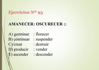 Ejercicios Nº 93
AMANECER: OSCURECER ::
A) germinar
B) continuar
C) crear
D) producir
E) ascender
: florecer
: suspender
: destruir
: vender
: descender
 