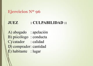 Ejercicios Nº 96
JUEZ : CULPABILIDAD ::
A) abogado : apelación
B) psicólogo : conducta
C) catador : calidad
D) comprador: cantidad
E) habitante : lugar
 