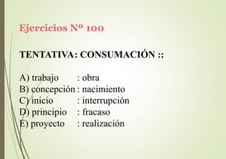 Ejercicios Nº 100
TENTATIVA: CONSUMACIÓN ::
A) trabajo : obra
B) concepción : nacimiento
C) inicio
D) principio
E) proyecto
: interrupción
: fracaso
: realización
 