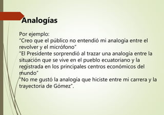 Por ejemplo:
“Creo que el público no entendió mi analogía entre el
revolver y el micrófono”
“El Presidente sorprendió al trazar una analogía entre la
situación que se vive en el pueblo ecuatoriano y la
registrada en los principales centros económicos del
mundo”
“No me gustó la analogía que hiciste entre mi carrera y la
trayectoria de Gómez”.
Analogías
 