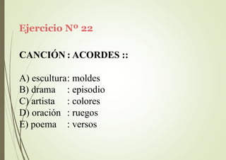 Ejercicio Nº 22
CANCIÓN : ACORDES ::
A) escultura: moldes
B) drama
C) artista
D) oración
E) poema
: episodio
: colores
: ruegos
: versos
 