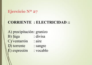 Ejercicio Nº 27
CORRIENTE : ELECTRICIDAD ::
A) precipitación: granizo
B) fuga
C) ventarrón
D) torrente
E) expresión
: divisa
: aire
: sangre
: vocablo
 