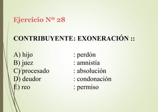 Ejercicio Nº 28
CONTRIBUYENTE: EXONERACIÓN ::
A) hijo
B) juez
C) procesado
D) deudor
E) reo
: perdón
: amnistía
: absolución
: condonación
: permiso
 