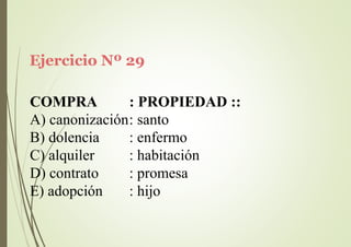 Ejercicio Nº 29
COMPRA : PROPIEDAD ::
A) canonización: santo
B) dolencia
C) alquiler
D) contrato
E) adopción
: enfermo
: habitación
: promesa
: hijo
 