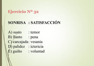 Ejercicio Nº 32
SONRISA : SATISFACCIÓN
A) susto
B) llanto
: temor
: pena
C) carcajada: vesania
D) palidez
E) guiño
: ictericia
: voluntad
 