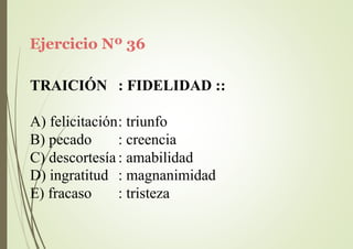 Ejercicio Nº 36
TRAICIÓN : FIDELIDAD ::
A) felicitación: triunfo
B) pecado : creencia
C) descortesía : amabilidad
D) ingratitud
E) fracaso
: magnanimidad
: tristeza
 