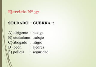 Ejercicio Nº 37
SOLDADO : GUERRA ::
A) dirigente : huelga
B) ciudadano: trabajo
C) abogado
D) peón
E) policía
: litigio
: ajedrez
: seguridad
 
