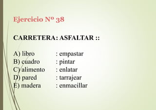 Ejercicio Nº 38
CARRETERA: ASFALTAR ::
A) libro
B) cuadro
C) alimento
D) pared
E) madera
: empastar
: pintar
: enlatar
: tarrajear
: enmacillar
 