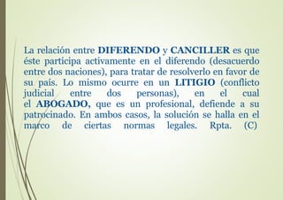 La relación entre DIFERENDO y CANCILLER es que
éste participa activamente en el diferendo (desacuerdo
entre dos naciones), para tratar de resolverlo en favor de
su país. Lo mismo ocurre en un LITIGIO (conflicto
judicial entre dos personas), en el cual
el ABOGADO, que es un profesional, defiende a su
patrocinado. En ambos casos, la solución se halla en el
marco de ciertas normas legales. Rpta. (C)
 
