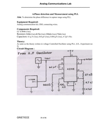 Analog Communications Lab
     ______________________________________________________


                   6.Phase detection and Measurement using PLL
Aim: To determine the phase difference in capture range using PLL.

Equipment Required:
Analog communication kit, CRO, connecting wires.

Components Required:
I.C’S:4046-(1no).
Resistors:560Ω-(1no),4k7Ω-(1no),100kΩ-(1no),27kΩ-(1no)
Capacitors: 0.1µ F-(1no), 0.01µF-(1no), 0.001µF-(1no), 4.7µF-1No.

Theory:
As same as the theory written in voltage Controlled Oscillator using PLL. (I.E., Experiment no:
2)
Circuit Diagram :




GRIET/ECE                    39 of 86
 