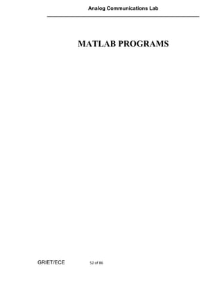 Analog Communications Lab
   ______________________________________________________




             MATLAB PROGRAMS




GRIET/ECE         52 of 86
 