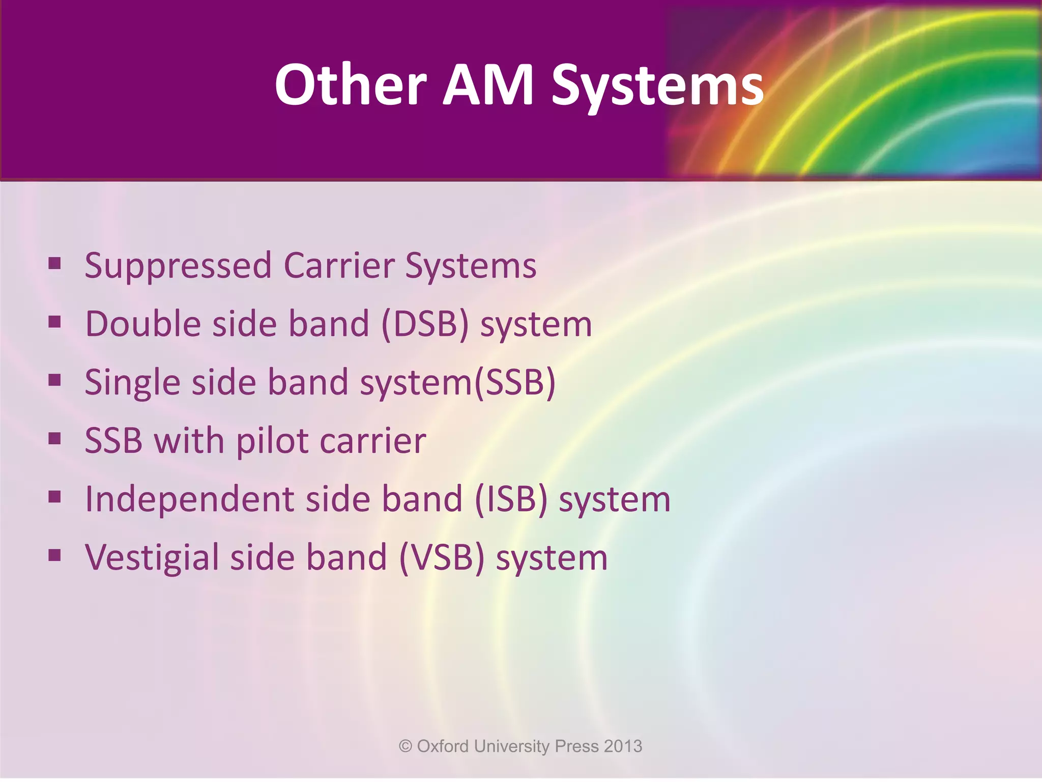  Suppressed Carrier Systems
 Double side band (DSB) system
 Single side band system(SSB)
 SSB with pilot carrier
 Independent side band (ISB) system
 Vestigial side band (VSB) system
Other AM Systems
© Oxford University Press 2013
 
