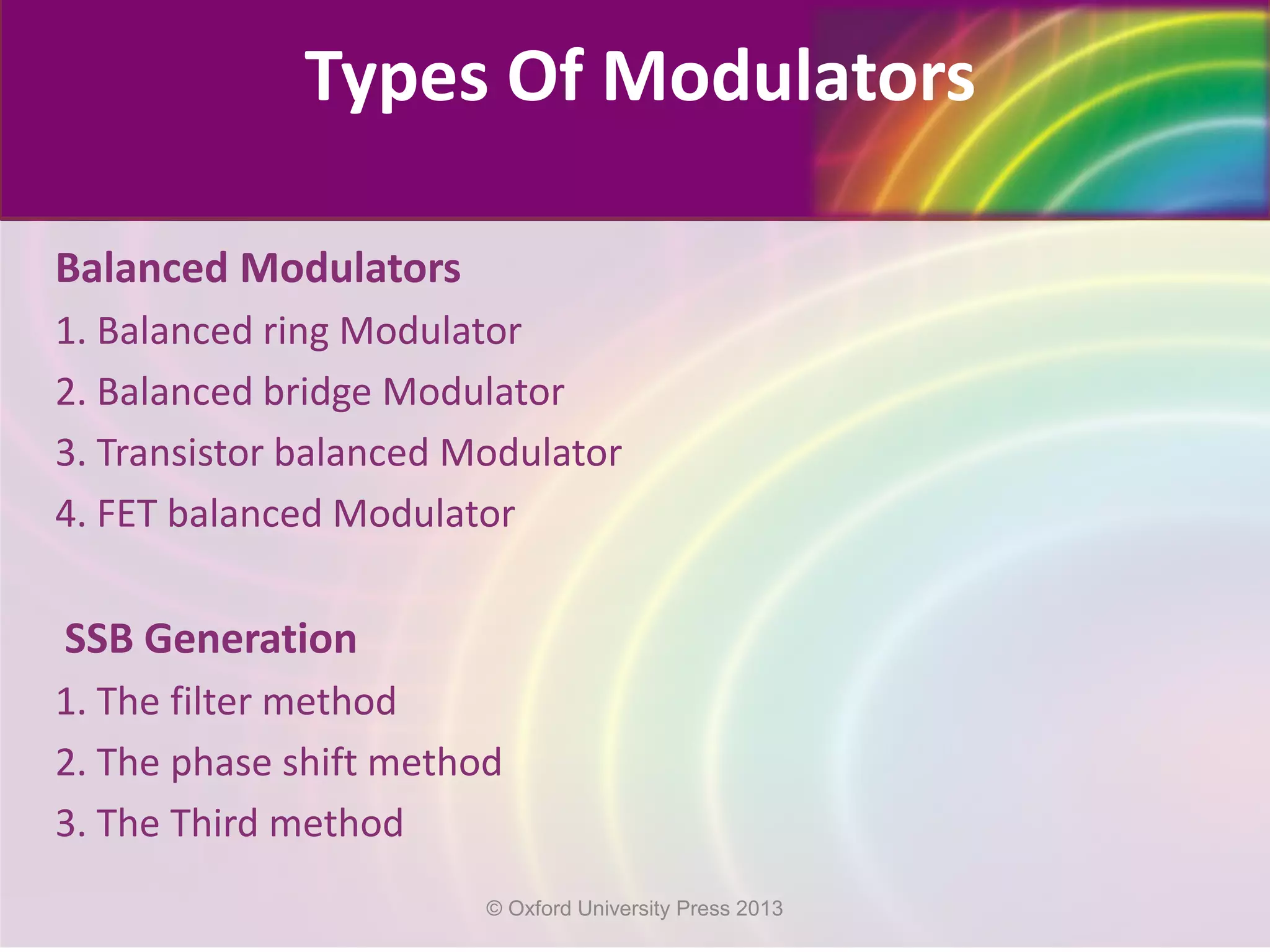Balanced Modulators
1. Balanced ring Modulator
2. Balanced bridge Modulator
3. Transistor balanced Modulator
4. FET balanced Modulator
SSB Generation
1. The filter method
2. The phase shift method
3. The Third method
Types Of Modulators
© Oxford University Press 2013
 