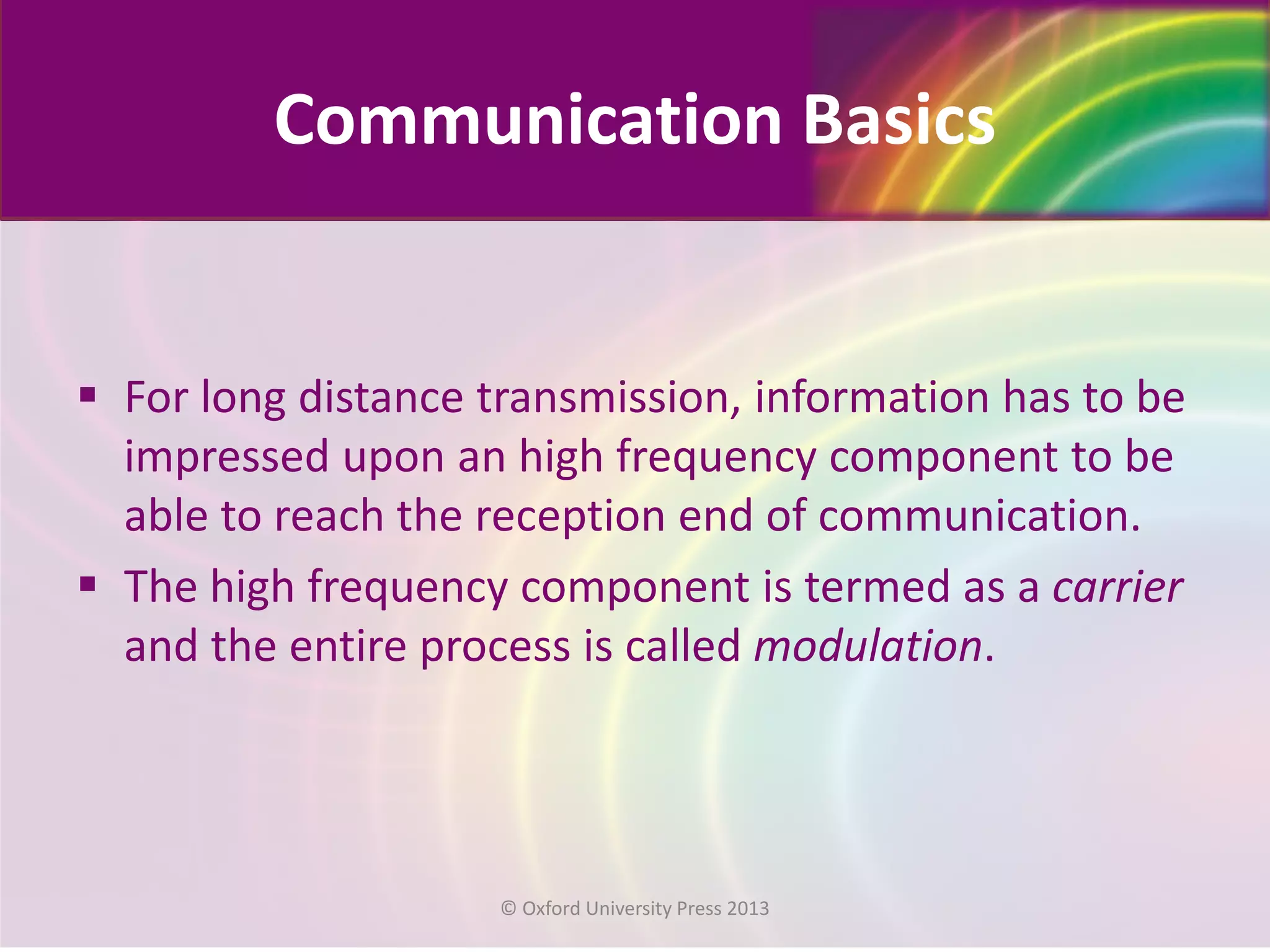 Communication Basics
 For long distance transmission, information has to be
impressed upon an high frequency component to be
able to reach the reception end of communication.
 The high frequency component is termed as a carrier
and the entire process is called modulation.
© Oxford University Press 2013
 
