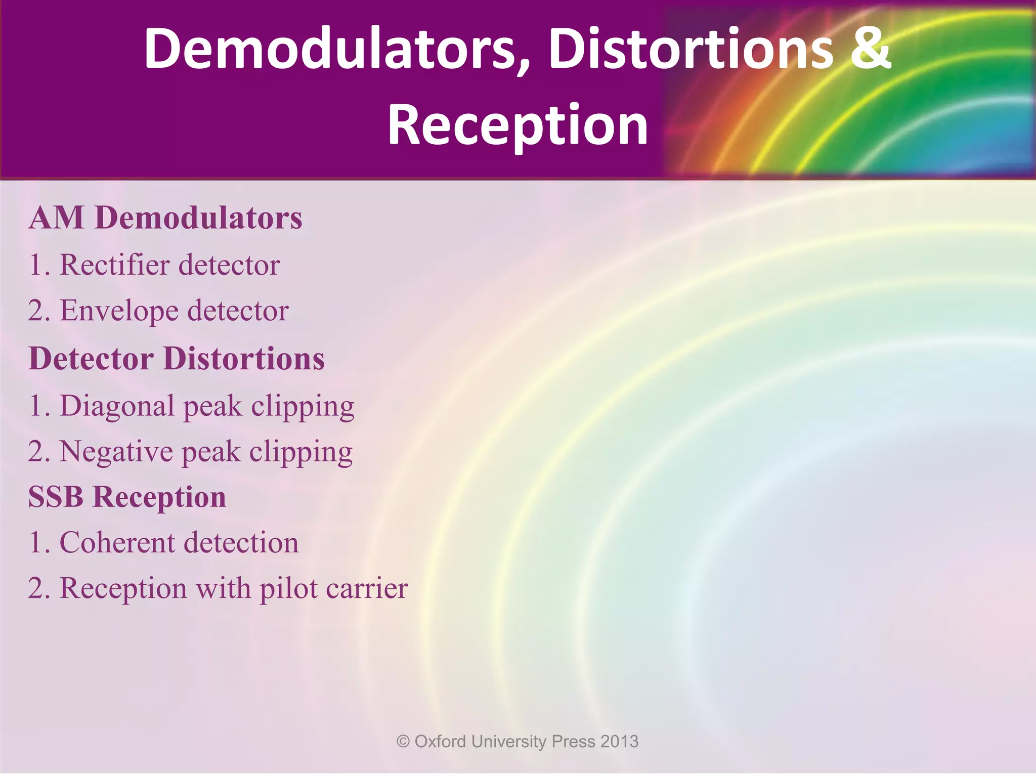AM Demodulators
1. Rectifier detector
2. Envelope detector
Detector Distortions
1. Diagonal peak clipping
2. Negative peak clipping
SSB Reception
1. Coherent detection
2. Reception with pilot carrier
Demodulators, Distortions &
Reception
© Oxford University Press 2013
 
