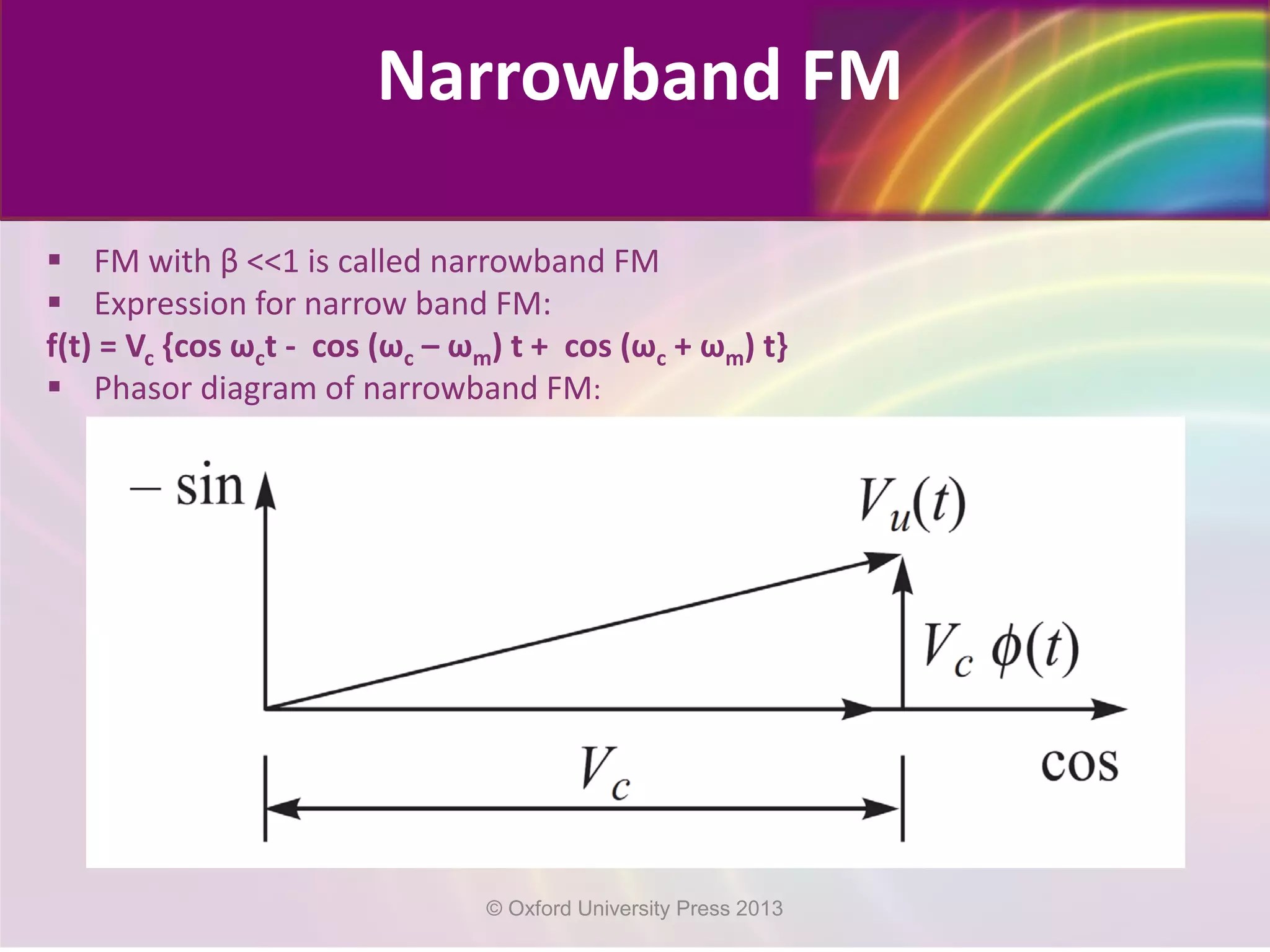  FM with β <<1 is called narrowband FM
 Expression for narrow band FM:
f(t) = Vc {cos ωct - cos (ωc – ωm) t + cos (ωc + ωm) t}
 Phasor diagram of narrowband FM:
Narrowband FM
© Oxford University Press 2013
 
