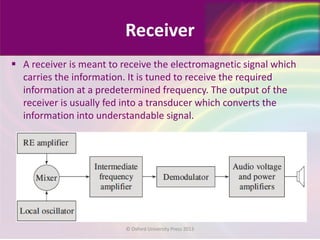 Receiver
 A receiver is meant to receive the electromagnetic signal which
carries the information. It is tuned to receive the required
information at a predetermined frequency. The output of the
receiver is usually fed into a transducer which converts the
information into understandable signal.
© Oxford University Press 2013
 