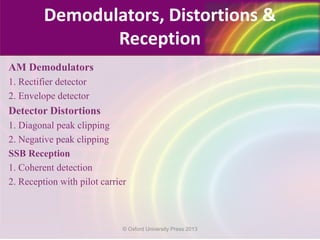 AM Demodulators
1. Rectifier detector
2. Envelope detector
Detector Distortions
1. Diagonal peak clipping
2. Negative peak clipping
SSB Reception
1. Coherent detection
2. Reception with pilot carrier
Demodulators, Distortions &
Reception
© Oxford University Press 2013
 