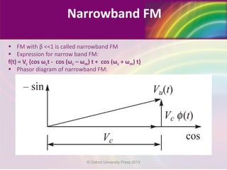  FM with β <<1 is called narrowband FM
 Expression for narrow band FM:
f(t) = Vc {cos ωct - cos (ωc – ωm) t + cos (ωc + ωm) t}
 Phasor diagram of narrowband FM:
Narrowband FM
© Oxford University Press 2013
 