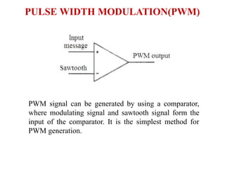 PULSE WIDTH MODULATION(PWM)
PWM signal can be generated by using a comparator,
where modulating signal and sawtooth signal form the
input of the comparator. It is the simplest method for
PWM generation.
 