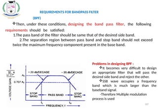 Then, under these conditions, designing the band pass filter, the following
requirements should be satisfied:
1.The pass band of the filter should be same that of the desired side band.
2.The separation region between pass band and stop band should not exceed
twice the maximum frequency component present in the base band.
REQUIREMENTS FOR BANDPASS FILTER
(BPF)
107
Problems in designing BPF :
It becomes very difficult to design
an appropriate filter that will pass the
desired side band and reject the other.
SSB wave occupies a frequency
band which is much larger than the
baseband signal.
-Therefore Multiple modulation
process is used
 
