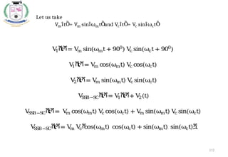 Let us take
VmȋtȌ= Vm sinȋωmtȌand VcȋtȌ= Vc sinȋωctȌ
V
1ሺ
tሻ= V
m sin(ωmt + 900
) V
c sin(ωct + 900
)
V
1ሺ
tሻ= V
m cos(ωmt) V
c cos(ωct)
V
2ሺ
tሻ= V
m sin(ωmt) V
c sin(ωct)
V
S
S
B−S
Cሺ
tሻ= V
1ሺ
tሻ+ V
2(t)
V
S
S
B−S
Cሺ
tሻ= V
m cos(ωmt) V
c cos(ωct) + V
m sin(ωmt) V
c sin(ωct)
V
S
S
B−S
Cሺ
tሻ= V
m V
cሾ
cos(ωmt) cos(ωct) + sin(ωmt) sin(ωct)ሿ
112
 