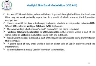  In case of SSB modulation, when a sideband is passed through the filters, the band pass
filter may not work perfectly in practice. As a result of which, some of the information
may get lost.
 Hence to avoid this loss, a technique is chosen, which is a compromise between DSB-
SC and SSB, called as Vestigial Sideband (VSB) technique.
 The word vestige which means “a part” from which the name is derived.
 Vestigial Sideband Modulation or VSB Modulation is the process where a part of the
signal called as vestige is modulated, along with one sideband.
 Along with the upper sideband, a part of the lower sideband is also being transmitted in
this technique.
 A guard band of very small width is laid on either side of VSB in order to avoid the
interferences.
 VSB modulation is mostly used in television transmissions.
120
Vestigial Side Band Modulation (VSB AM)
 