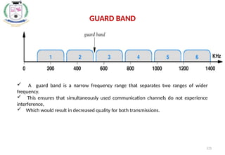 121
 A guard band is a narrow frequency range that separates two ranges of wider
frequency.
 This ensures that simultaneously used communication channels do not experience
interference,
 Which would result in decreased quality for both transmissions.
GUARD BAND
 