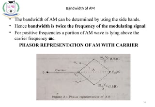 34
Bandwidth of AM
• The bandwidth of AM can be determined by using the side bands.
• Hence bandwidth is twice the frequency of the modulating signal
• For positive frequencies a portion of AM wave is lying above the
carrier frequency wc.
PHASOR REPRESENTATION OF AM WITH CARRIER
 