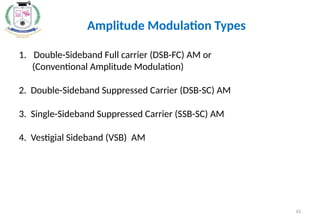 Amplitude Modulation Types
1. Double-Sideband Full carrier (DSB-FC) AM or
(Conventional Amplitude Modulation)
2. Double-Sideband Suppressed Carrier (DSB-SC) AM
3. Single-Sideband Suppressed Carrier (SSB-SC) AM
4. Vestigial Sideband (VSB) AM
62
 
