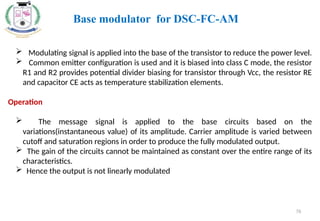 76
 Modulating signal is applied into the base of the transistor to reduce the power level.
 Common emitter configuration is used and it is biased into class C mode, the resistor
R1 and R2 provides potential divider biasing for transistor through Vcc, the resistor RE
and capacitor CE acts as temperature stabilization elements.
Operation
 The message signal is applied to the base circuits based on the
variations(instantaneous value) of its amplitude. Carrier amplitude is varied between
cutoff and saturation regions in order to produce the fully modulated output.
 The gain of the circuits cannot be maintained as constant over the entire range of its
characteristics.
 Hence the output is not linearly modulated
Base modulator for DSC-FC-AM
 