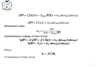 80
itሺ
𝑡ሻ= ξ2𝐾
[𝑉
𝑐
𝑐− V
be(0)ሺ
𝑡ሻ
][1 + ma sinωmt]sinωct
itሺ
𝑡ሻ= ξ2 It [1+ ma sinωmt]sinωct
Modulation index
ma =
𝑉
𝑚
𝑉
𝑐
𝑐− V
be(0)ሺ
𝑡ሻ
Instantaneous voltage of tank circuit
𝐕
𝟎ሺ
𝒕ሻ= 𝒁
.𝐢tሺ
𝒕ሻ= 𝒁
.ξ𝟐𝐈t[𝟏 + ma 𝐬𝐢𝐧𝛚
m𝐭
]𝐬𝐢𝐧𝛚
c𝐭
𝐕
𝟎ሺ
𝒕ሻ= 𝑽
𝒄[𝟏 + ma 𝐬𝐢𝐧𝛚
m𝐭
]𝐬𝐢𝐧𝛚
c𝐭
Where
𝐕
𝒄 = 𝒁
.ξ𝟐𝐈t
Z=Impedance of tank circuit
 