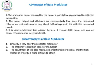 81
1. The amount of power required for the power supply is low as compared to collector
modulation.
2. The power output and efficiency are comparatively low, since the modulated
collector current peaks can be only about half as large as in the collector modulated
circuit.
3. It is used in television transmission because it requires little power and can we
power requirement of large bandwidth.
Advantages of Base Modulator
1. Linearity is very poor than collector modulator
2. The efficiency is less than collector modulator
3. The adjustment of the base modulated amplifier is more critical and the high
degree of linearity is more difficult to obtain
Disadvantages of Base Modulator
 