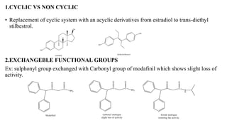 1.CYCLIC VS NON CYCLIC
• Replacement of cyclic system with an acyclic derivatives from estradiol to trans-diethyl
stilbestrol.
2.EXCHANGEBLE FUNCTIONAL GROUPS
Ex: sulphonyl group exchanged with Carbonyl group of modafinil which shows slight loss of
activity.
 