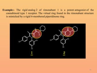 15
Example:- The rigid analog 2 of rimonabant 1 is a potent antagonist of the
cannabinoid type 1 receptor. The virtual ring found in the rimonabant structure
is mimicked by a rigid 6-membered piperidinone ring.
 