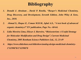 16
Bibliography
1. Donald J. Abraham , David P. Rotella, “Burger’s Medicinal Chemistry,
Drug Discovery, and Development, Seventh Edition, John Wiley & Sons,
Inc., 2010.
2. Ahmad S., Haque Z., Usman M.D.M., Iqbal A.S., “A text book of advanced
organic chemistry-I” P.V publication, Page No.- 60-64.
3. Lidia Moreira Lima, Eliezer J. Barreiro, “Bioisosterism: A Useful Strategy
for Molecular Modification and Drug Design”, Current Medicinal
Chemistry, 2005 Bentham Science Publishers Ltd., 12, 23-49
4. https://www.slideshare.net/slideshow/analog-design-medicinal-chemistry-
174199070/174199070
 