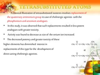 • A classical illustration of tetrasubstituted isosteres involves replacement of
the quaternary ammonium group in case of cholinergic agonists with the
phosphonium and arsonium analogues.
• In this study, it was observedthat suchreplacements resulted in less potent
analogues with greater toxicity.
• Activity was found to decrease as size of the onium ion increased.
• Thedecreased potency and greater toxicity of these
higherelements has diminished interest in
replacements of this type for the development of
direct-acting cholinergic agonists.
 