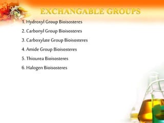 1. Hydroxyl Group Bioisosteres
2. Carbonyl Group Bioisosteres
3. Carboxylate Group Bioisosteres
4. Amide Group Bioisosteres
5. Thiourea Bioisosteres
6. Halogen Bioisosteres
 