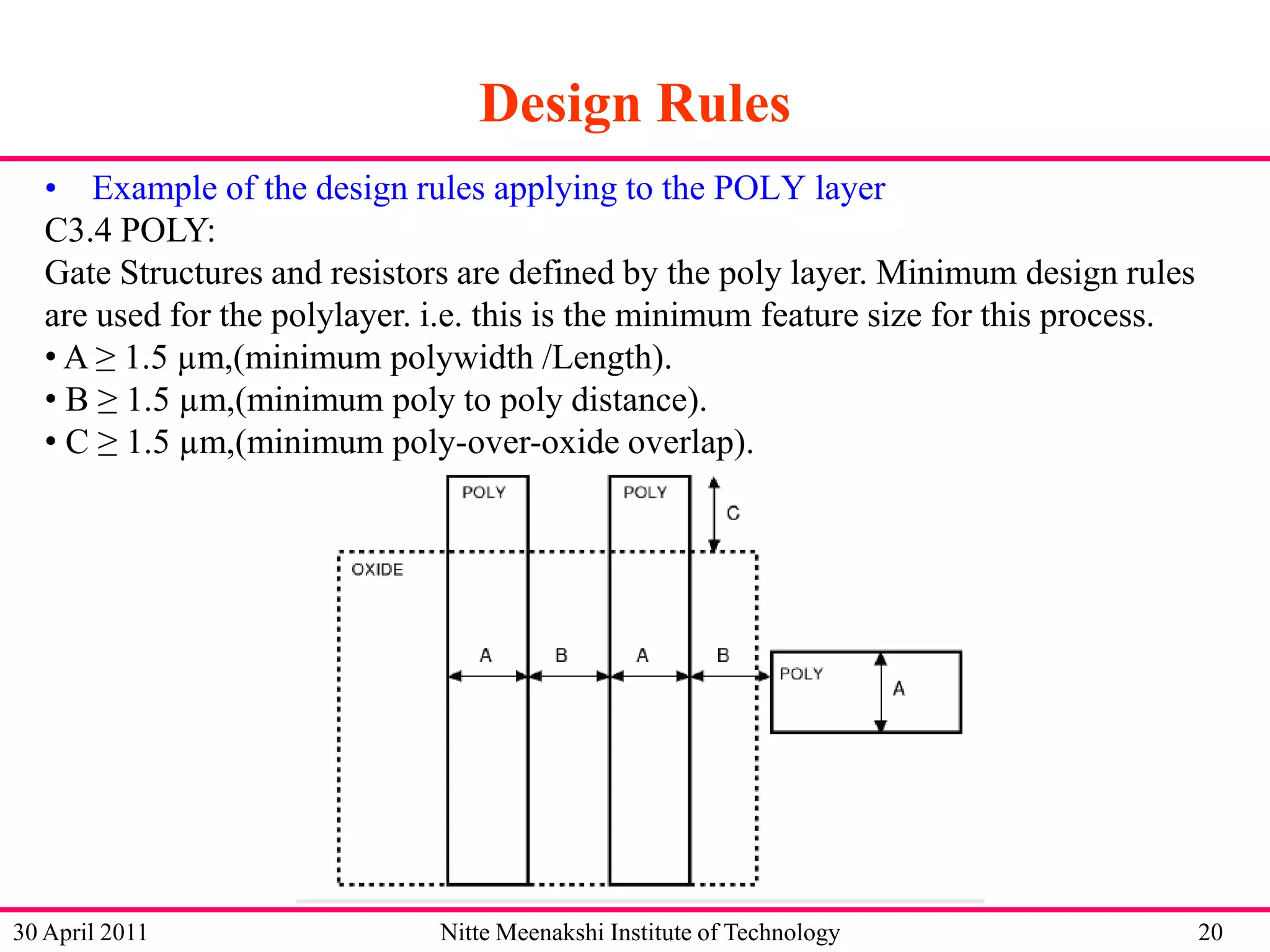 Design Rules
• Example of the design rules applying to the POLY layer
C3.4 POLY:
Gate Structures and resistors are defined by the poly layer. Minimum design rules
are used for the polylayer. i.e. this is the minimum feature size for this process.
• A ≥ 1.5 µm,(minimum polywidth /Length).
• B ≥ 1.5 µm,(minimum poly to poly distance).
• C ≥ 1.5 µm,(minimum poly-over-oxide overlap).

30 April 2011

Nitte Meenakshi Institute of Technology

20

 