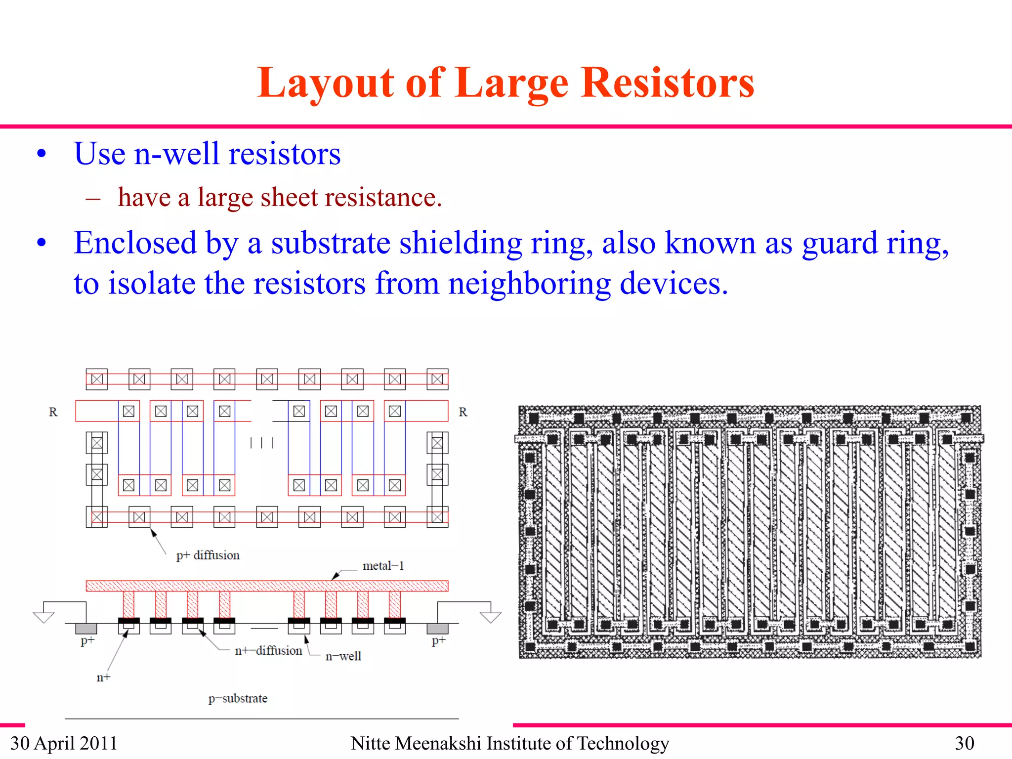 Layout of Large Resistors
• Use n-well resistors
– have a large sheet resistance.

• Enclosed by a substrate shielding ring, also known as guard ring,
to isolate the resistors from neighboring devices.

30 April 2011

Nitte Meenakshi Institute of Technology

30

 