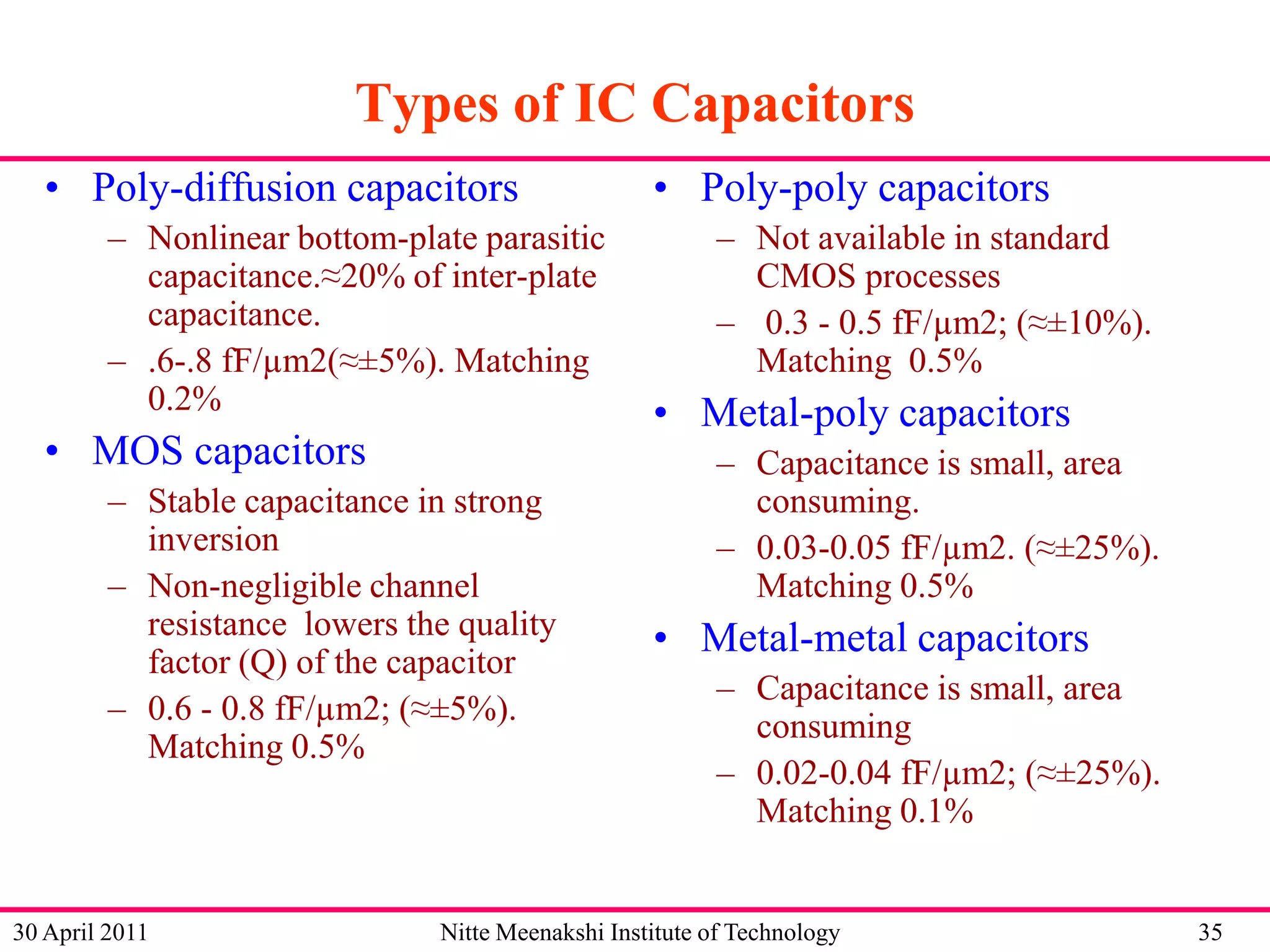Types of IC Capacitors
• Poly-diffusion capacitors
– Nonlinear bottom-plate parasitic
capacitance.≈20% of inter-plate
capacitance.
– .6-.8 fF/µm2(≈±5%). Matching
0.2%

• MOS capacitors
– Stable capacitance in strong
inversion
– Non-negligible channel
resistance lowers the quality
factor (Q) of the capacitor
– 0.6 - 0.8 fF/µm2; (≈±5%).
Matching 0.5%

30 April 2011

• Poly-poly capacitors
– Not available in standard
CMOS processes
– 0.3 - 0.5 fF/µm2; (≈±10%).
Matching 0.5%

• Metal-poly capacitors
– Capacitance is small, area
consuming.
– 0.03-0.05 fF/µm2. (≈±25%).
Matching 0.5%

• Metal-metal capacitors
– Capacitance is small, area
consuming
– 0.02-0.04 fF/µm2; (≈±25%).
Matching 0.1%

Nitte Meenakshi Institute of Technology

35

 