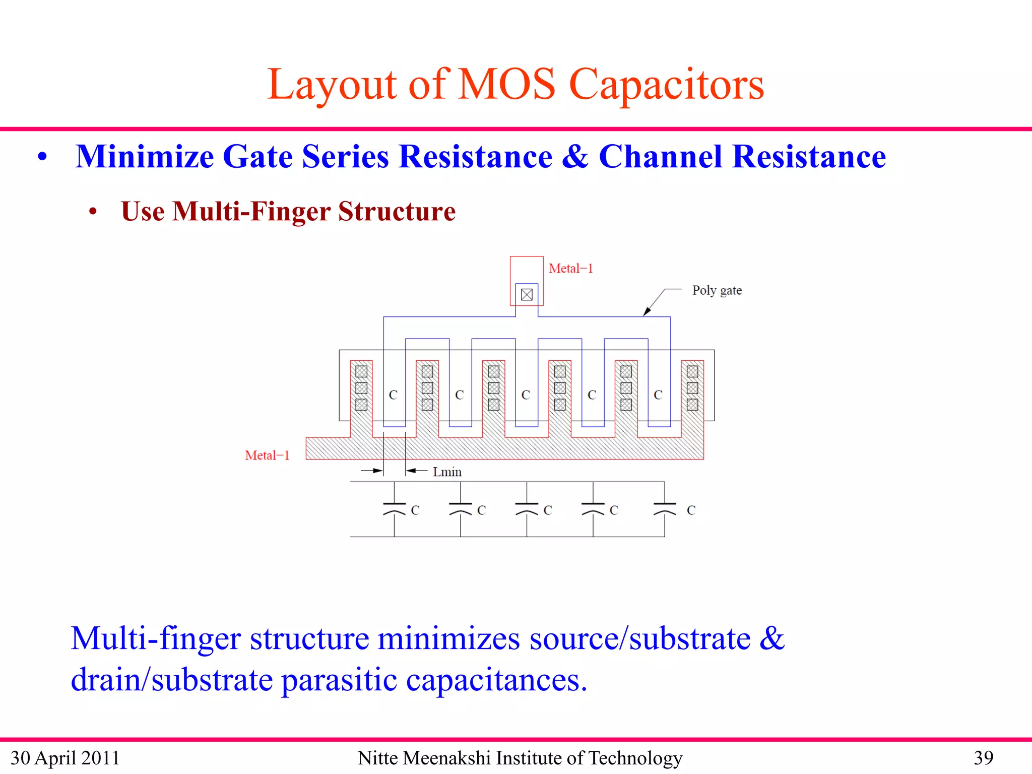 Layout of MOS Capacitors
• Minimize Gate Series Resistance & Channel Resistance
• Use Multi-Finger Structure

Multi-finger structure minimizes source/substrate &
drain/substrate parasitic capacitances.
30 April 2011

Nitte Meenakshi Institute of Technology

39

 