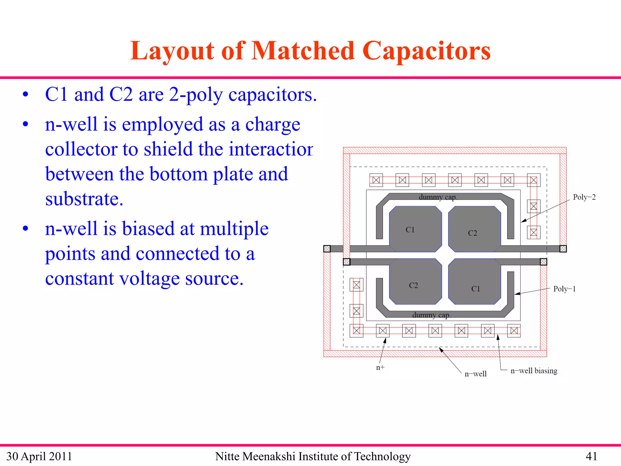 Layout of Matched Capacitors
• C1 and C2 are 2-poly capacitors.
• n-well is employed as a charge
collector to shield the interaction
between the bottom plate and
substrate.
• n-well is biased at multiple
points and connected to a
constant voltage source.

30 April 2011

Nitte Meenakshi Institute of Technology

41

 