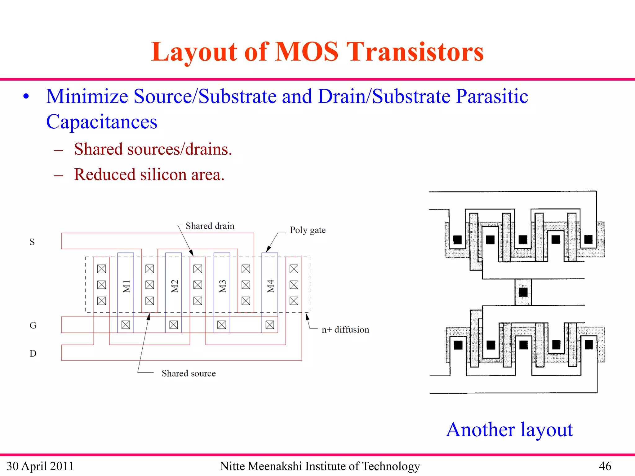 Layout of MOS Transistors
• Minimize Source/Substrate and Drain/Substrate Parasitic
Capacitances
– Shared sources/drains.
– Reduced silicon area.

Another layout
30 April 2011

Nitte Meenakshi Institute of Technology

46

 