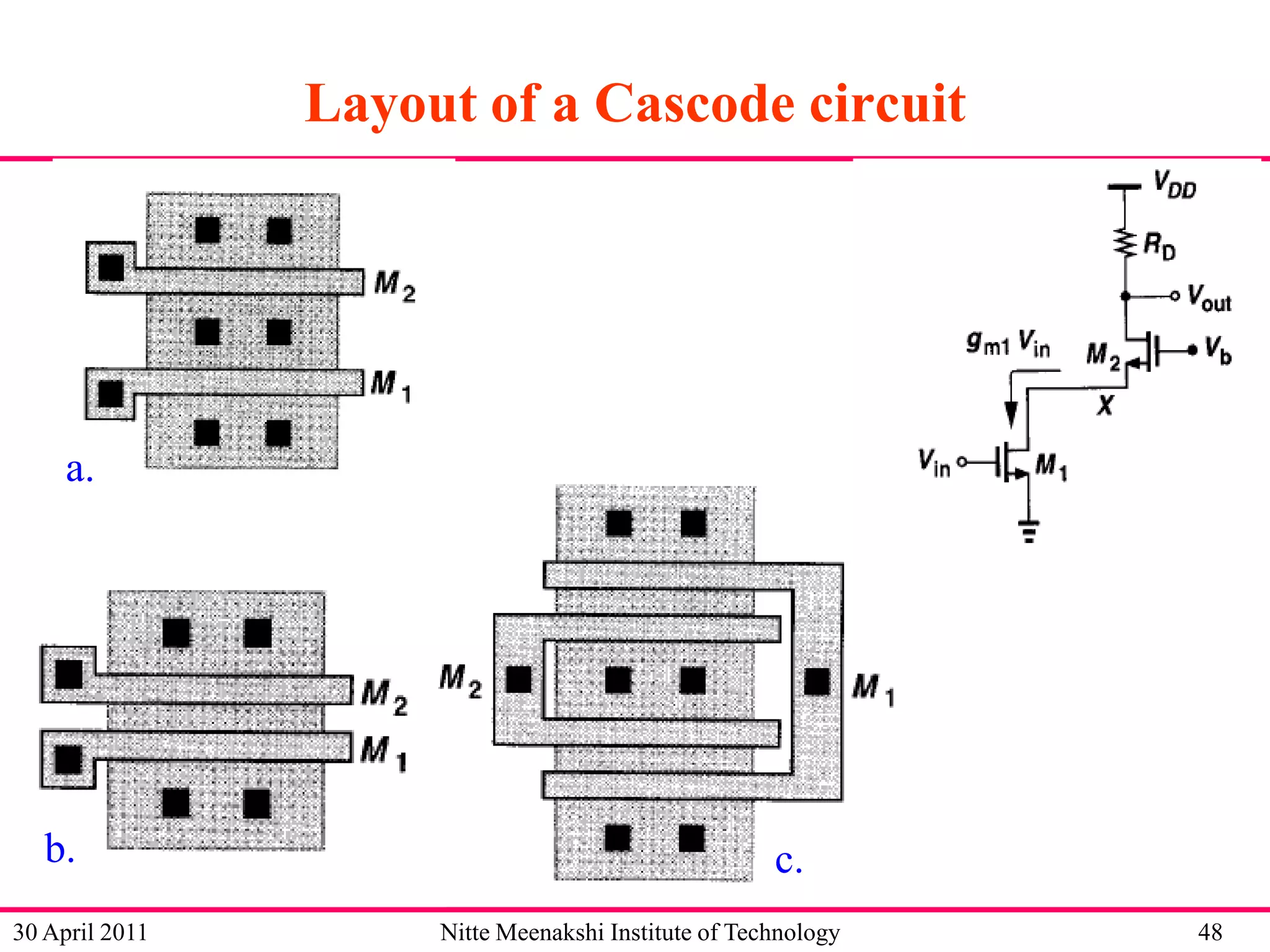 Layout of a Cascode circuit

a.

b.
30 April 2011

c.
Nitte Meenakshi Institute of Technology

48

 