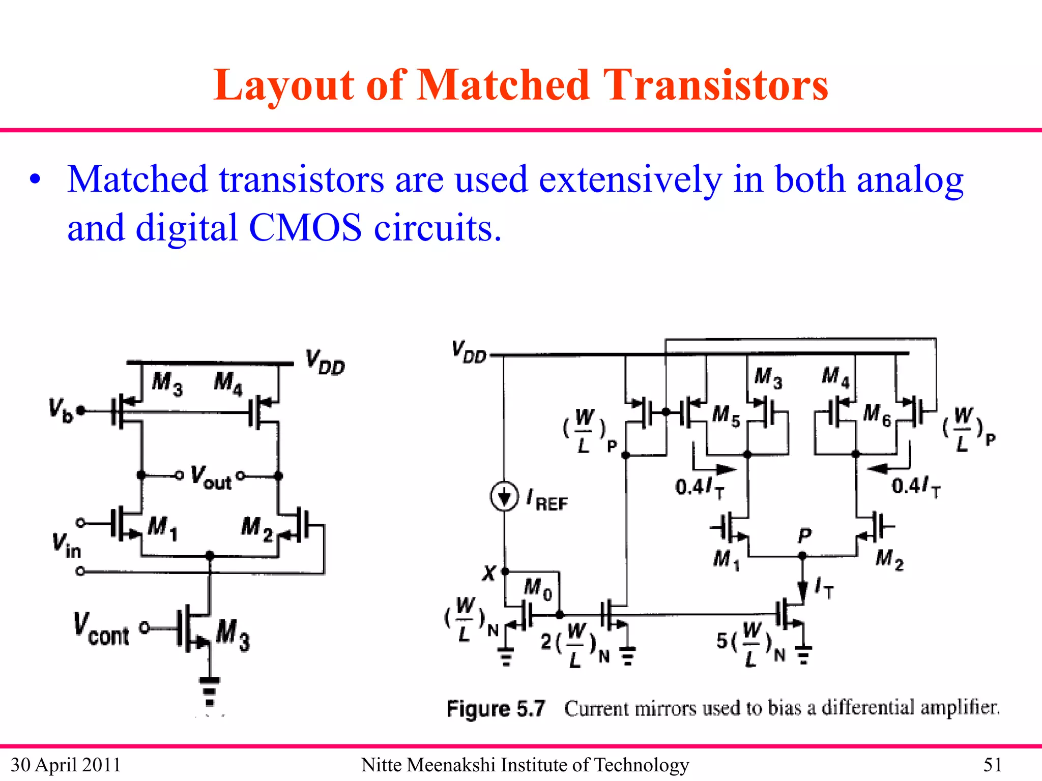Layout of Matched Transistors
• Matched transistors are used extensively in both analog
and digital CMOS circuits.

30 April 2011

Nitte Meenakshi Institute of Technology

51

 