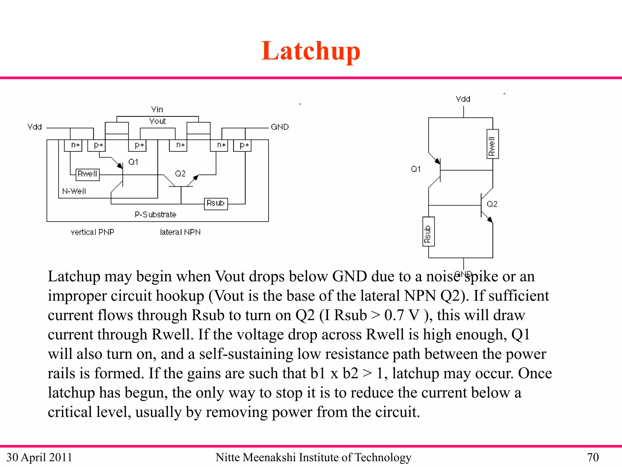 Latchup

Latchup may begin when Vout drops below GND due to a noise spike or an
improper circuit hookup (Vout is the base of the lateral NPN Q2). If sufficient
current flows through Rsub to turn on Q2 (I Rsub > 0.7 V ), this will draw
current through Rwell. If the voltage drop across Rwell is high enough, Q1
will also turn on, and a self-sustaining low resistance path between the power
rails is formed. If the gains are such that b1 x b2 > 1, latchup may occur. Once
latchup has begun, the only way to stop it is to reduce the current below a
critical level, usually by removing power from the circuit.
30 April 2011

Nitte Meenakshi Institute of Technology

70

 